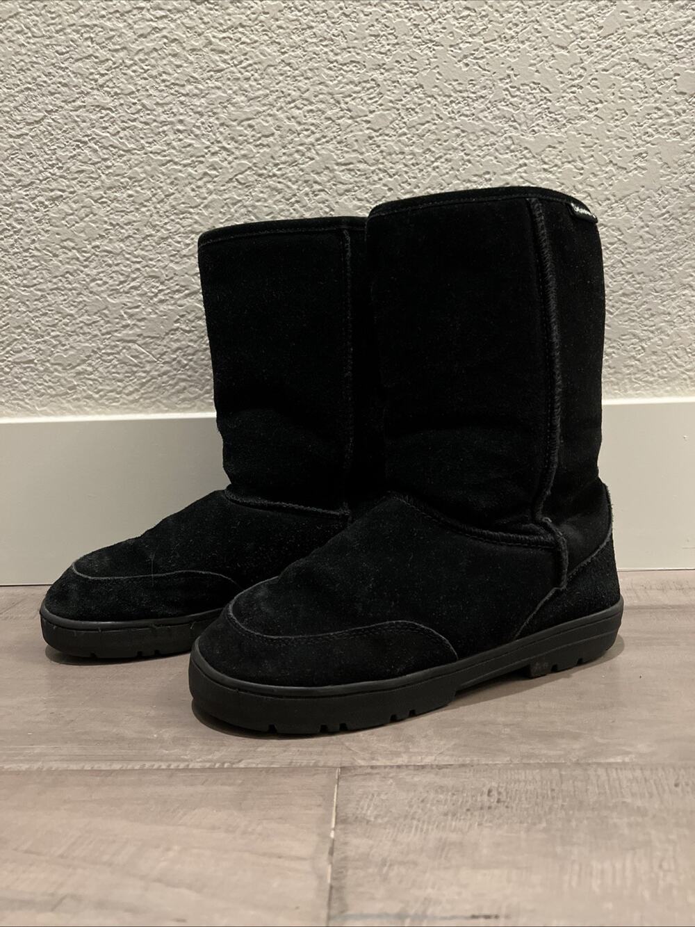 Bearpaw Winter Boots Black Dream Suede Snow Wool Sheepskin M405W Mid Calf Sz 8